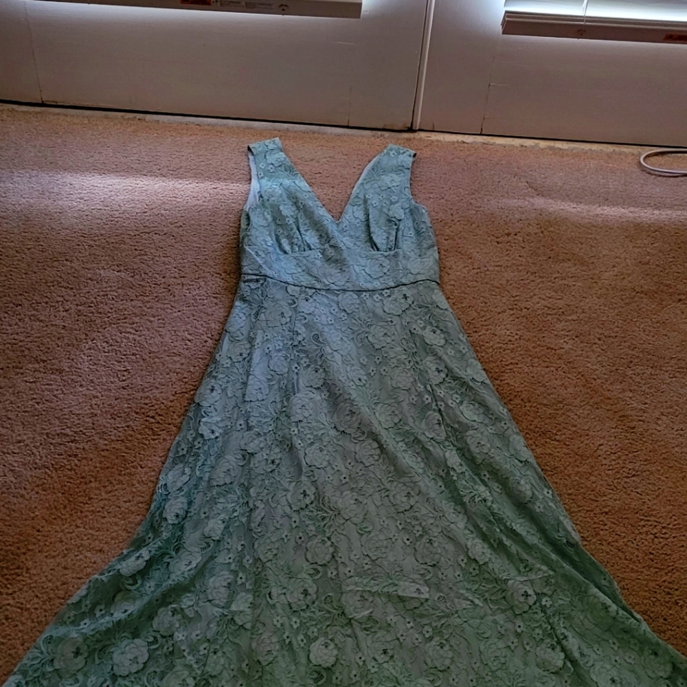 Sage green floral lace formal dress